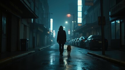Obraz premium Lone Figure with Dog on Dark City Street
