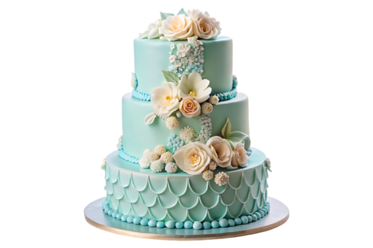 Delicious multi layered decorated blue wedding cake isolated on transparent background