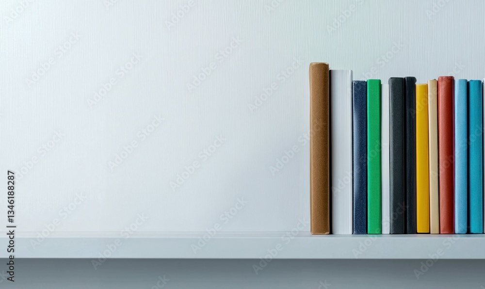 Aufkleber a neat row of colorful books sits on a clean white shelf, creating a simple, minimal scene.