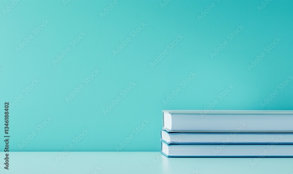 Poster three neatly stacked books against a light teal backdrop create a calming and educational scene.