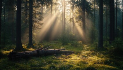 Fototapeta premium Sunlight filters through trees in a tranquil forest setting during early morning hours