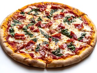 Delicious pepperoni and spinach pizza with melted mozzarella cheese on a thin crispy crust ready to be served.
