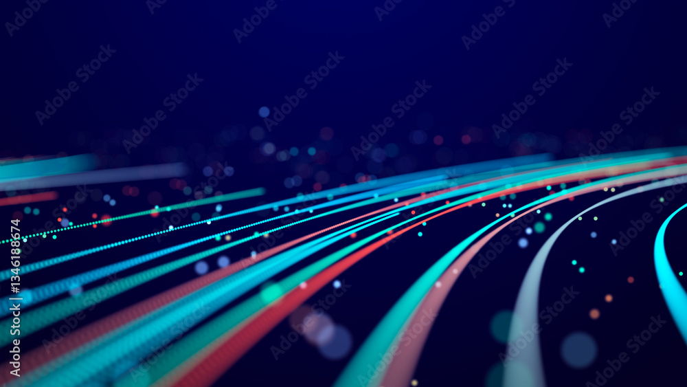 Poster abstract glitter particles in dark space. network data transfer concept. 3d rendering.