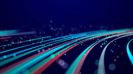 Abstract glitter particles in dark space. Network data transfer concept. 3D rendering.