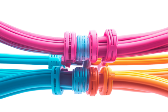 Vibrant cables and wires are shown in isolation on a white background from a top-down perspective
