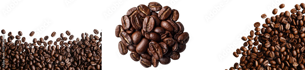 Poster the image features a pile of coffee beans on a white background, highlighting the texture from a top