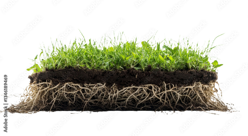 Poster the image shows isolated green grass with dirt on a white background and includes its texture