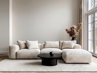 Modern sofa arrangement in a chic living room interior design minimalistic aesthetic natural light