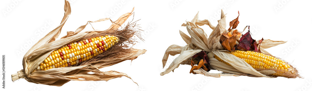 Poster a clipping path surrounds dry corn ears that are isolated on a white background