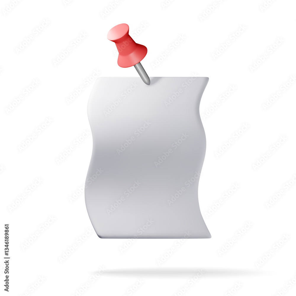 Poster 3d empty paper sheets hanging with push pin isolated. render white blank paper page with push button