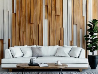 Modern living room design with unique wooden wall contemporary interior cozy atmosphere minimalist style