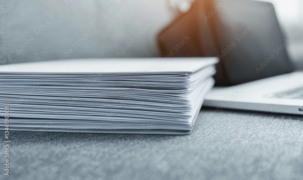 Poster a large stack of documents resting next to a laptop symbolizes heavy workloads and responsibilities.