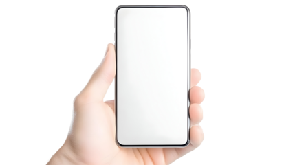 Realistic Image of Hand Holding a White Screen Smartphone Mobile Device on Transparent Background Displaying Modern Technology for Communication and Digital Connectivity