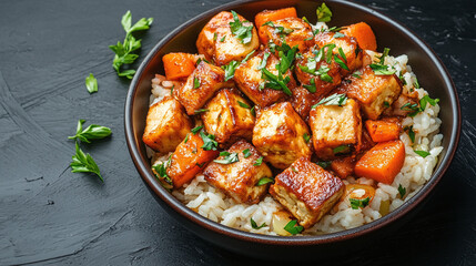 Fototapeta premium Savory Tofu and Vegetable Rice Bowl