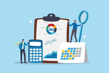 Accounting or budget planning, financial report calculation, expense analysis, tax report document, statistic chart and graph concept, businessman with calculator on accounting analysis clipboard.
