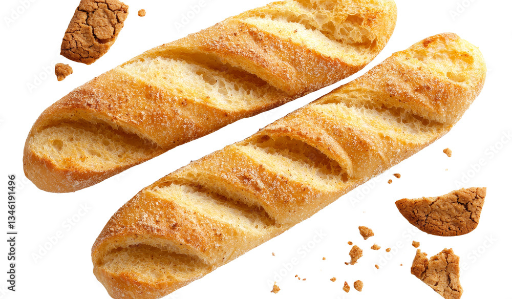 Poster isolated on a white background, salty broken pretzel sticks with sesame seeds are shown in a top vie