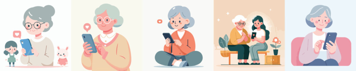 vector grandma playing cellphone