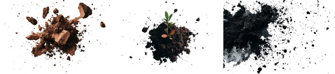 On a white background, a clipping path accompanies a pile of isolated dust and dirt