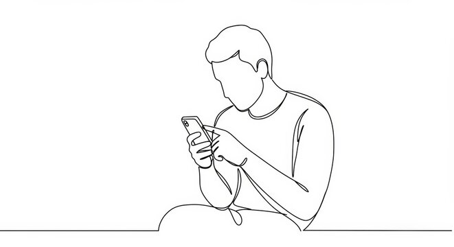 Minimalist continuous line art: Person engrossed in smartphone communication