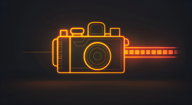 Świecący neonowy aparat fotograficzny z kliszą. Futurystyczna ikona retro symbolizująca fotografię, kino i kreatywną technologię na ciemnym tle.