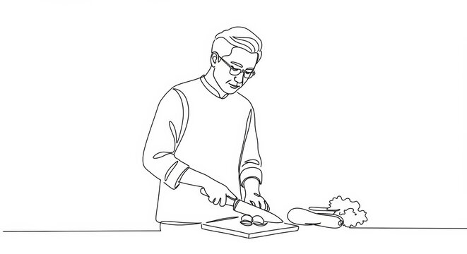 chef cutting vegetables, continuous line drawing clip art preview
