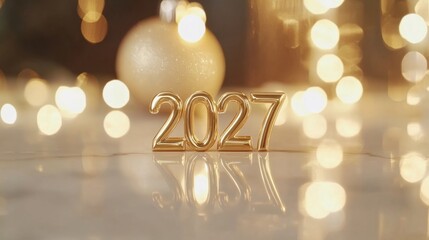 Golden digits for the year 2027 shine brightly among soft lights, symbolizing hope and anticipation for upcoming celebrations