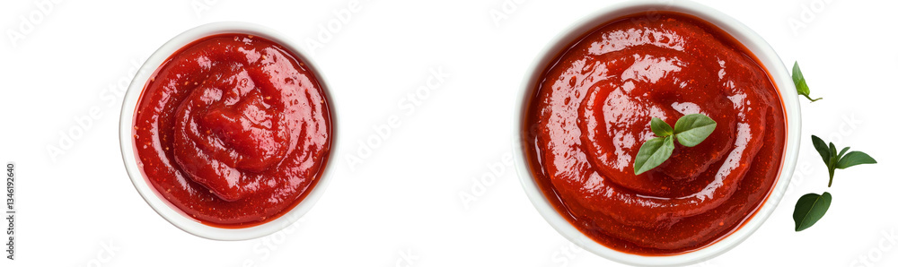 Poster red ketchup is splattered in isolation on a white background, highlighting the texture of tomato pur