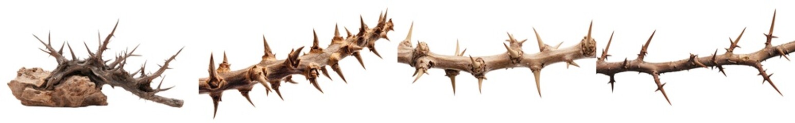 Obraz premium On a white background, a single branch of an Acacia tree with thorns is isolated