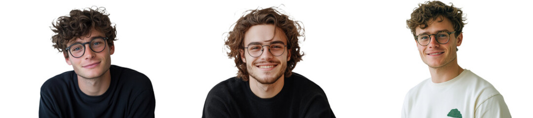 Fototapeta premium In this closeup portrait, a young man with curly hair and round glasses, exuding happiness and intelligence, is photographed posing for an advertisement, his gaze directed sideways, against a clean