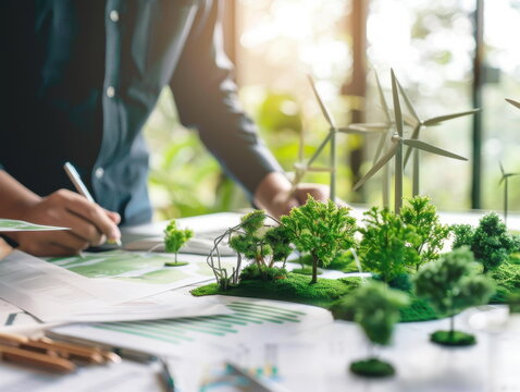 Personne travaillant sur un projet durable, &eacute;cologique avec des &eacute;oliennes de la verdure et de la v&eacute;g&eacute;tation sur son bureau
