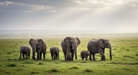 Fototapeta premium A herd of elephants moving gracefully through the lush green plains