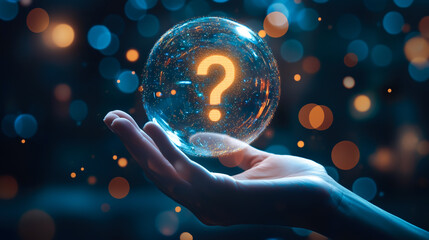A human hand holds a glowing question mark. The concept symbolizes curiosity, artificial intelligence, and the quest for answers in the digital age. Generative AI.