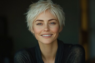 Smiling elderly woman with short grey hair in minimalist style portrait healthy skin care beauty and happiness