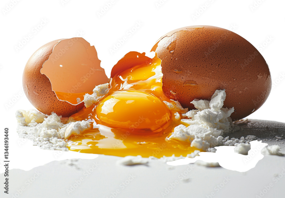 Poster eggshells with yolk, broken eggs isolated on a white background