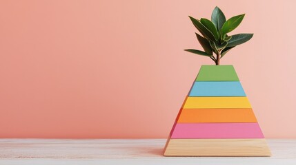 Strategic planning goals evaluation concept. Colorful stacked papers with a plant on top against a pastel background.