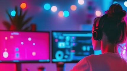 A focused individual wearing headphones interacts with dual computer screens illuminated by vibrant colors in a comfortable night setting
