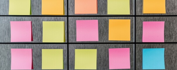 Fototapeta premium Strategic planning goals evaluation concept. Colorful sticky notes arranged on a textured surface.