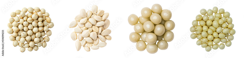 Poster the image features a close-up, top view of sesame seeds isolated on a white background