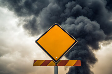 Cautionary traffic sign against dark smoke backdrop  