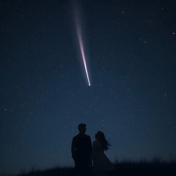 Un meteoro cae entre muchas estrellas en el cielo nocturno profundo, y una pareja bajo el cielo nocturno pide un deseo mientras mira el meteoro 