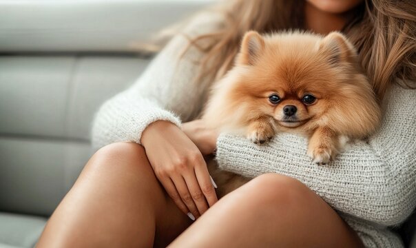A fluffy Pomeranian puppy rests contentedly on its owner's lap, radiating comfort and cuteness.