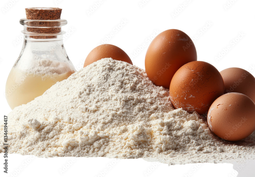 Poster a heap of integral barley flour accompanied by a wooden spoon and eggs is set against a white backgr