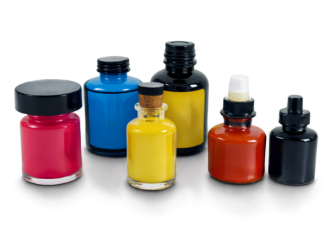 A Vibrant Array of Ink Bottles in Assorted Colors and Shades Display
