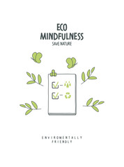 Vector checklist sign with things done to improve the environment. Illustration of Environmentally friendly planet. Ecology and Sustainable lifestyle Consept. Think Green.