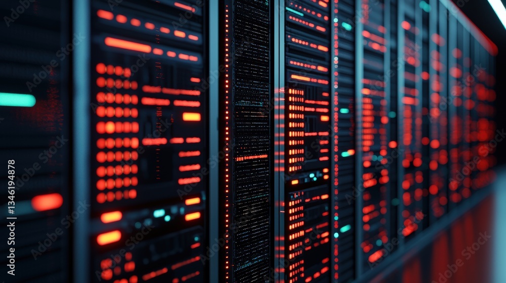 Poster strategic planning goals evaluation concept. futuristic data center with illuminated servers and tec