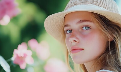 A young woman wearing a hat, lush flowery outdoors, Generative AI