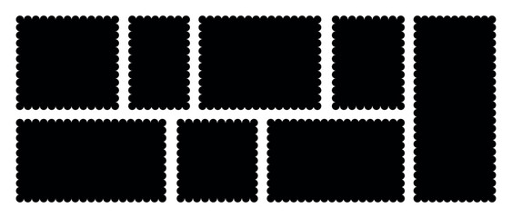Fototapeta premium Zig zag rectangular shape box element set with zigzag edges on white background. Geometric zig zag wavy labels, curved badges, serrated stickers.