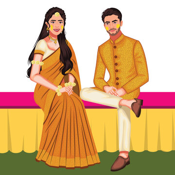 Indian Wedding Couple Celebrate Haldi Ceremony Vector Illustration (Royalty Free)