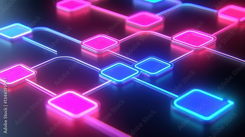 Poster strategic planning goals evaluation concept. neon circuit pattern with glowing squares and lines on 