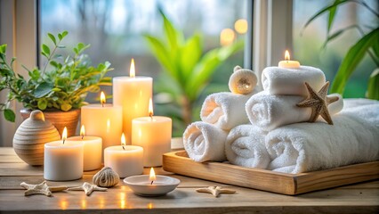 Spa Setting with Candles, Fresh Towels, and Greenery